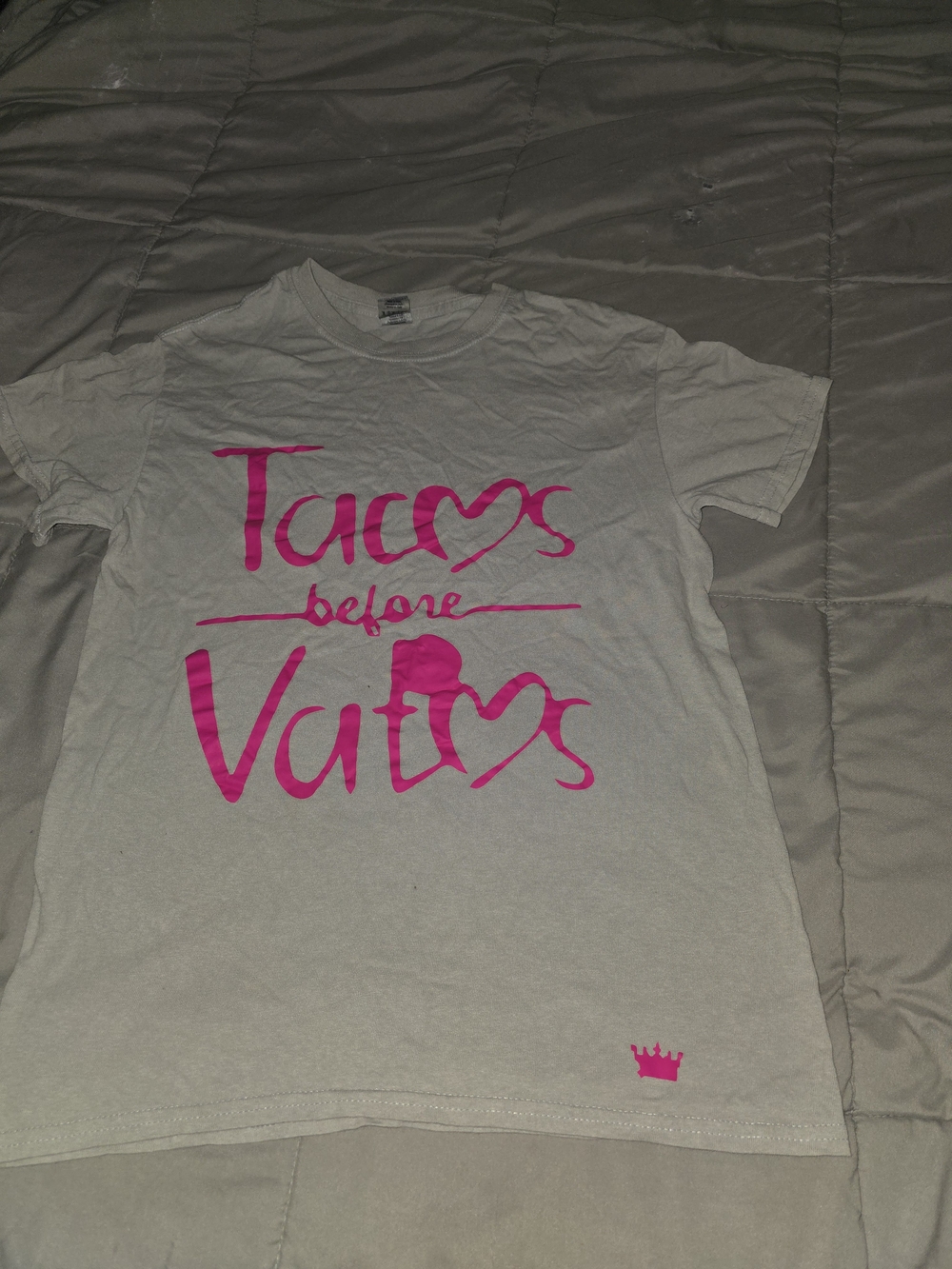 Gildan White Tee with Hot Pink "Tacos Before Vatos" Graphic